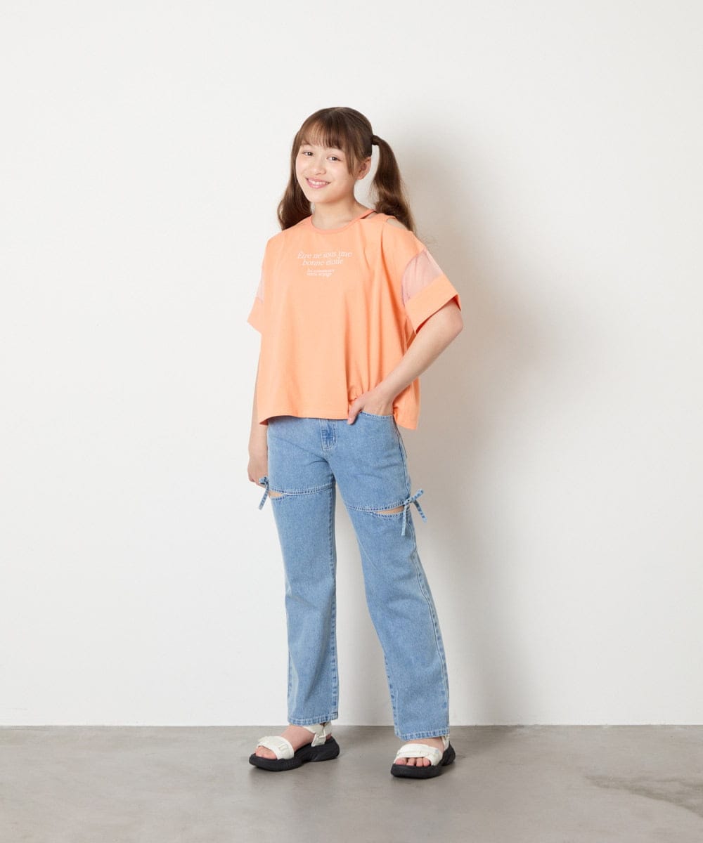 KJKGD65035 a.v.v KIDS(アー・ヴェ・ヴェ) [120-160]アシメ肩シアーTシャツ オレンジ