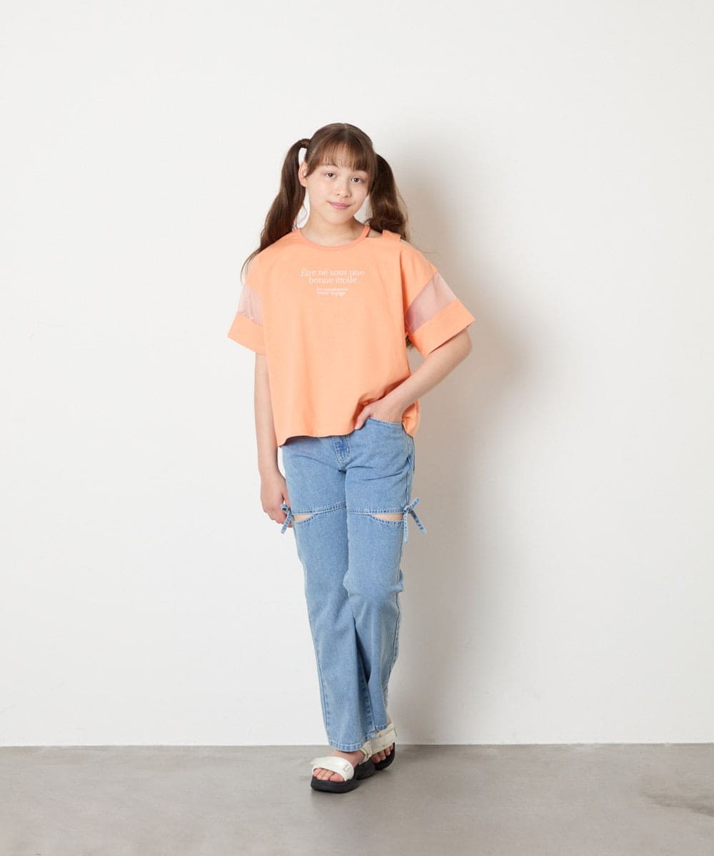 KJKGD65035 a.v.v KIDS(アー・ヴェ・ヴェ) [120-160]アシメ肩シアーTシャツ オレンジ