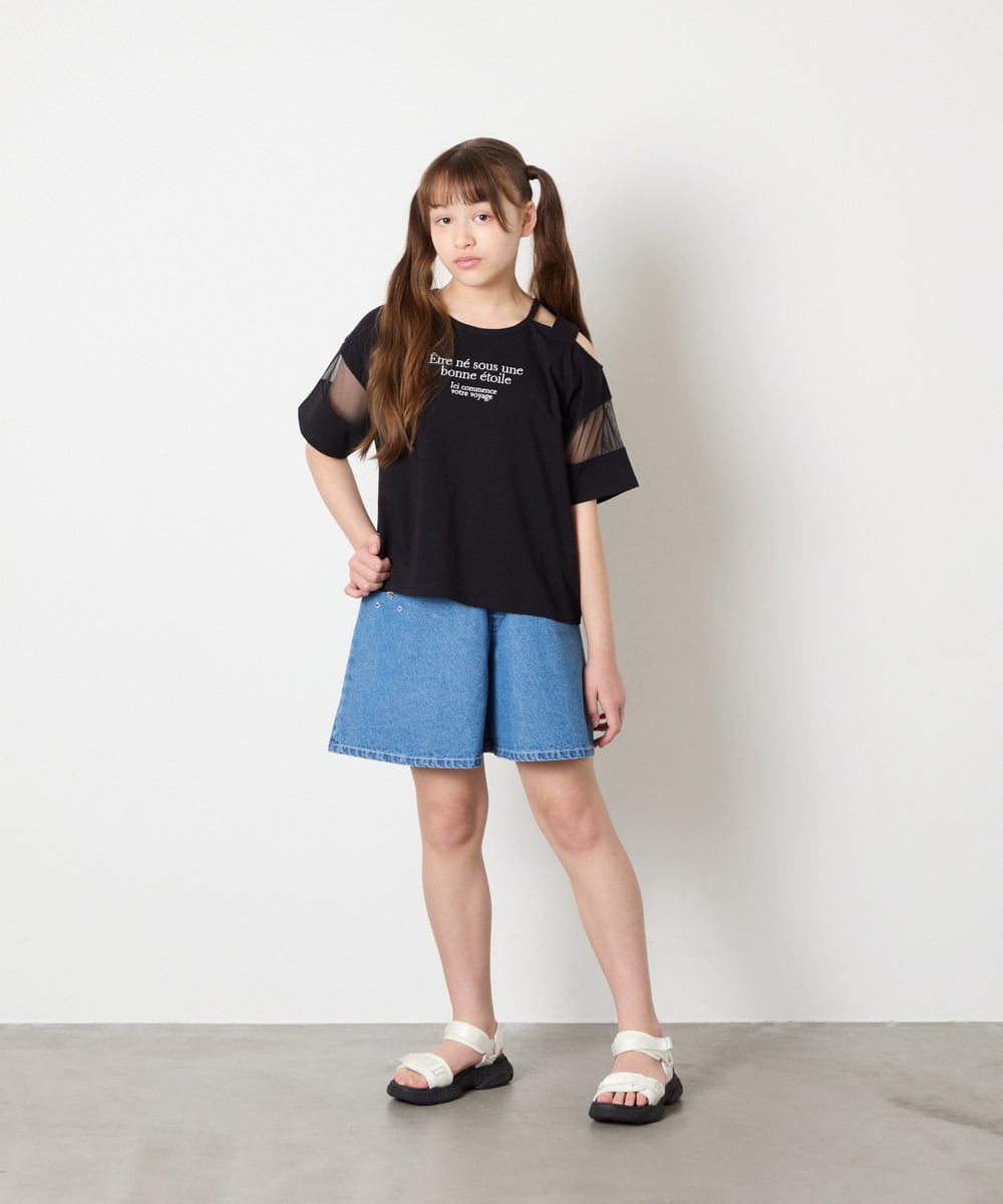 KJKGD65035 a.v.v KIDS(アー・ヴェ・ヴェ) [120-160]アシメ肩シアーTシャツ ブラック