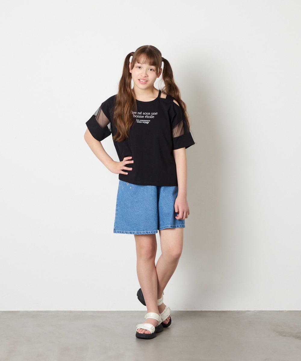 KJKGD65035 a.v.v KIDS(アー・ヴェ・ヴェ) [120-160]アシメ肩シアーTシャツ ブラック