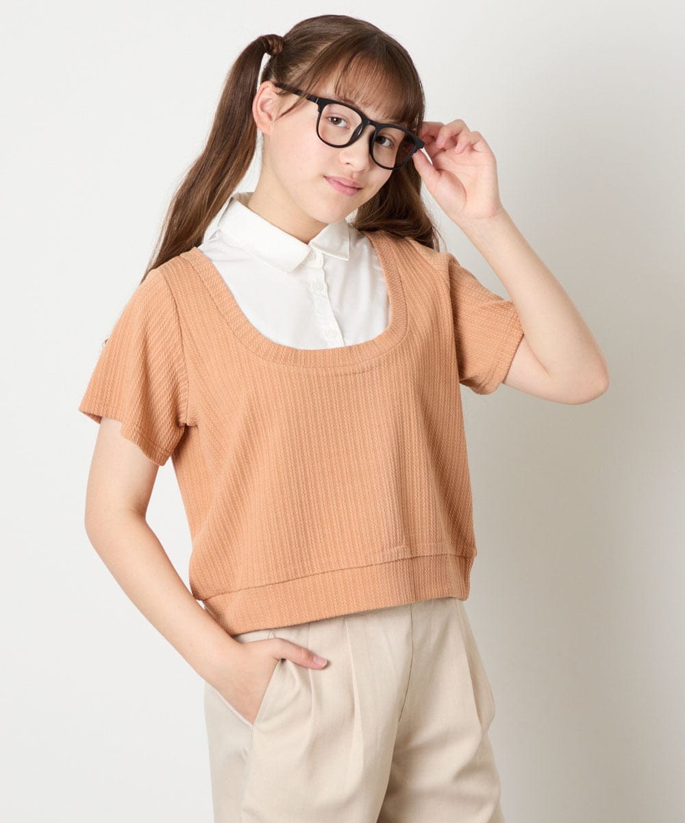 KJKGD66044 a.v.v KIDS(アー・ヴェ・ヴェ) [140-160]シャツレイヤード風ニットソー オレンジ