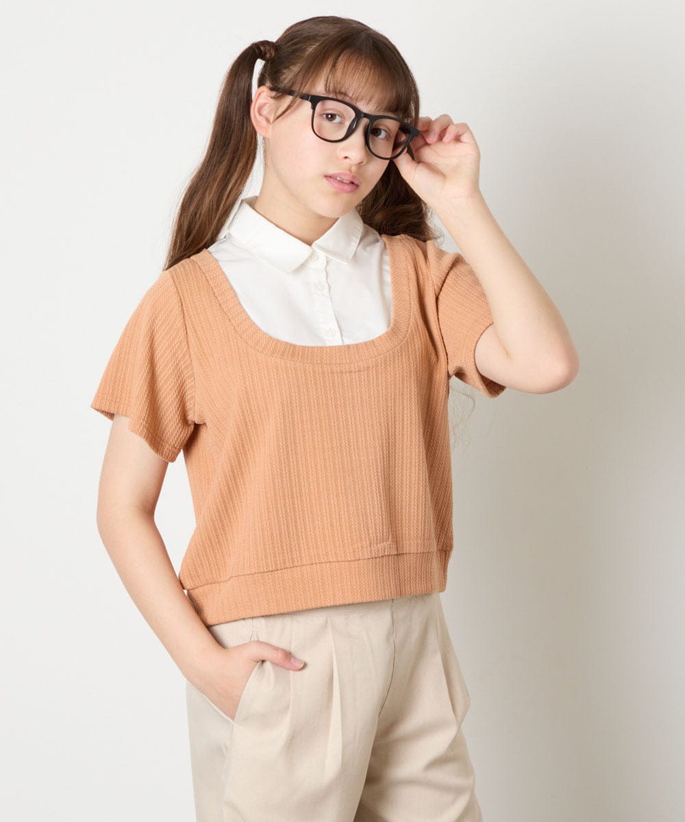 KJKGD66044 a.v.v KIDS(アー・ヴェ・ヴェ) [140-160]シャツレイヤード風ニットソー オレンジ