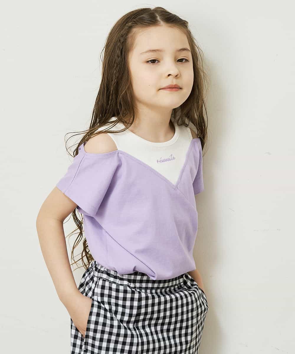 KJKGP07019 a.v.v KIDS(アー・ヴェ・ヴェ) [100-130]オフショルダーロゴTシャツ ラベンダー