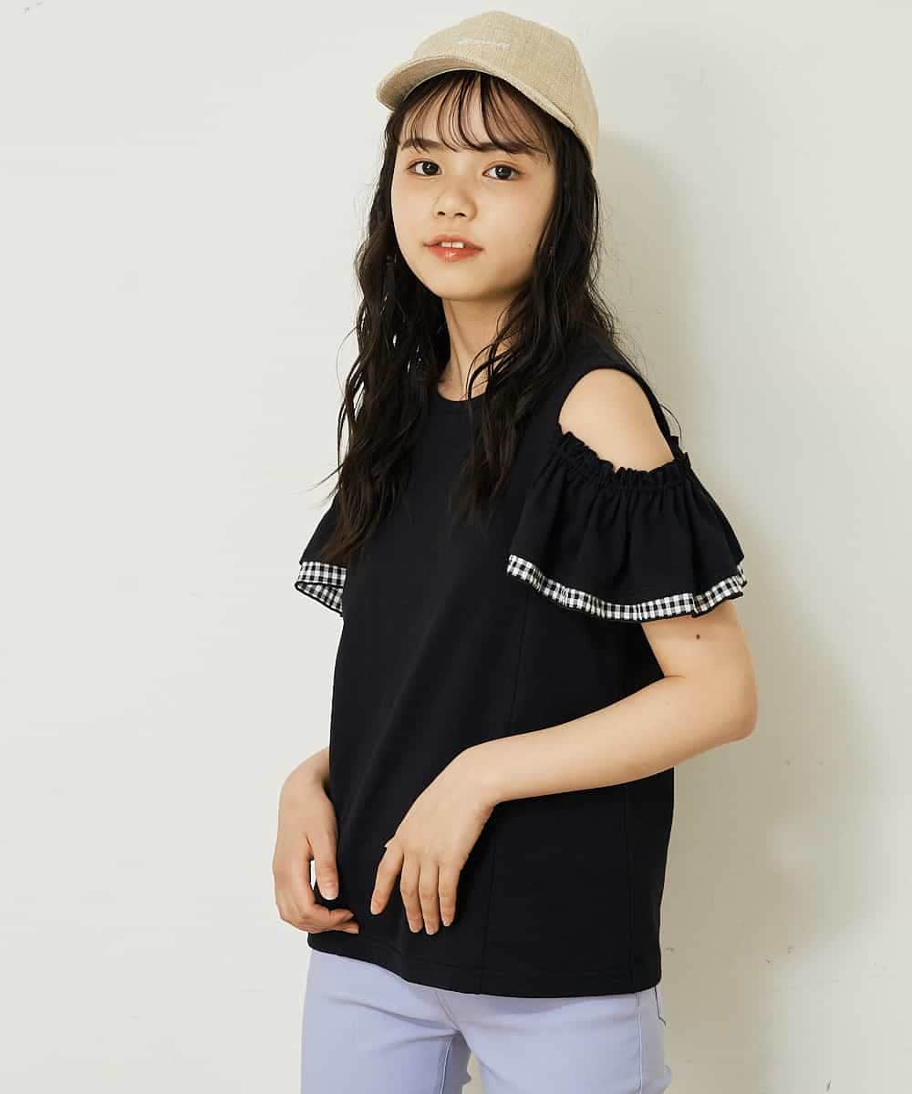KJKGP09019 a.v.v KIDS(アー・ヴェ・ヴェ) [100-130]袖フリルオフショルダーTシャツ ミント