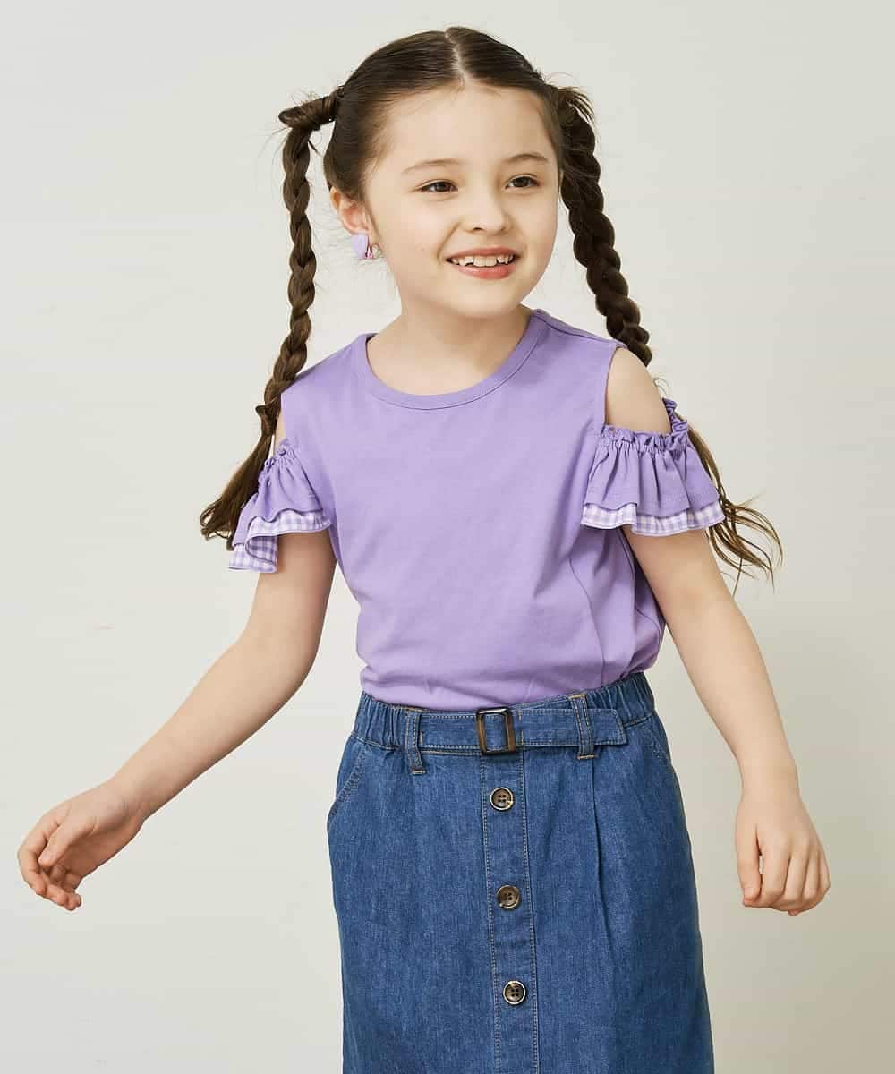 KJKGP09019 a.v.v KIDS(アー・ヴェ・ヴェ) [100-130]袖フリルオフショルダーTシャツ ミント