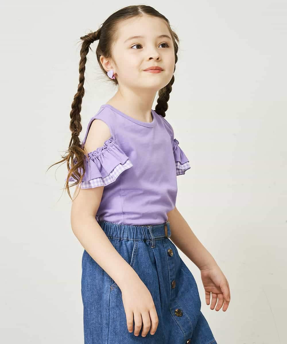 KJKGP09019 a.v.v KIDS(アー・ヴェ・ヴェ) [100-130]袖フリルオフショルダーTシャツ ミント