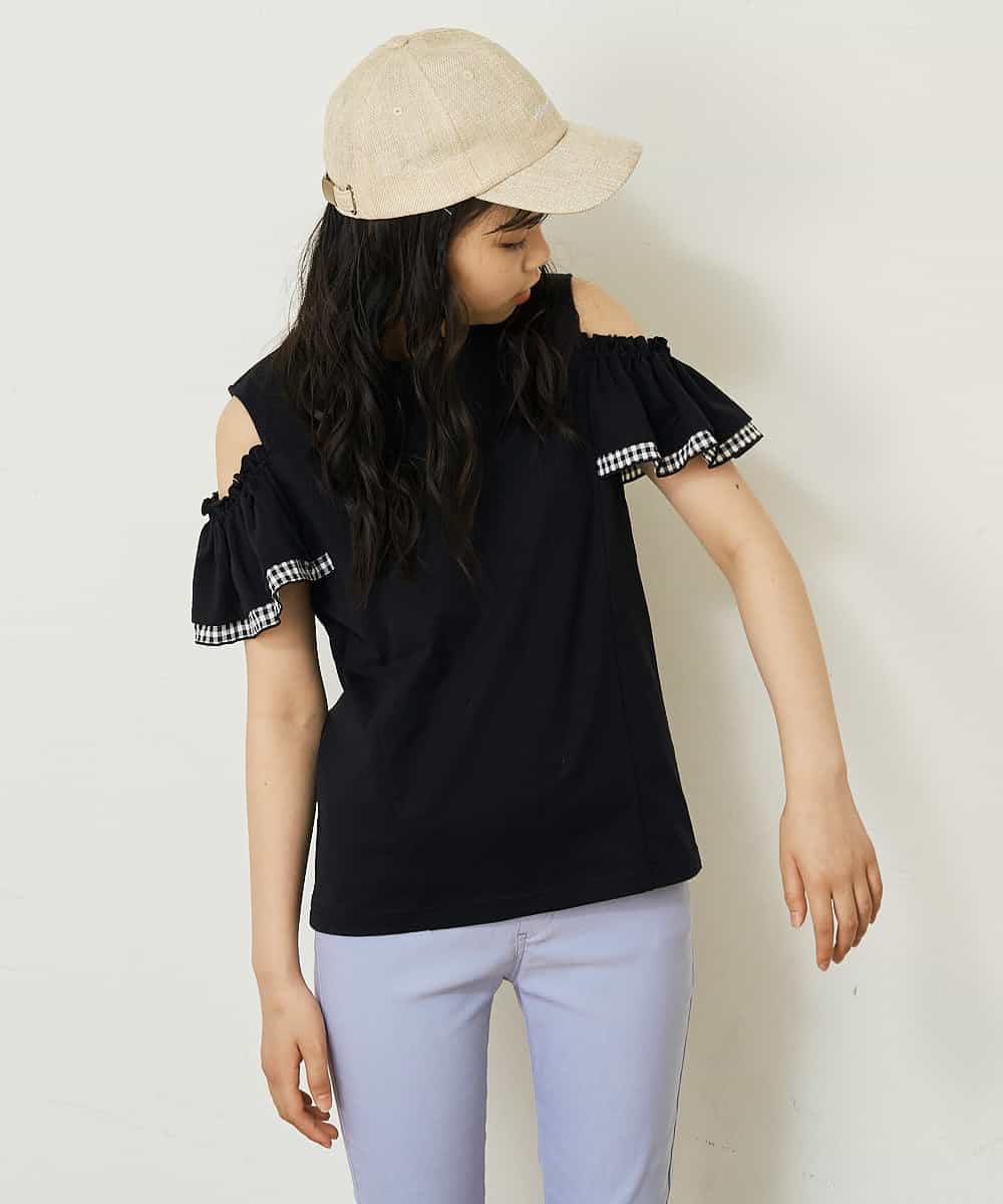 KJKGP09019 a.v.v KIDS(アー・ヴェ・ヴェ) [100-130]袖フリルオフショルダーTシャツ ミント