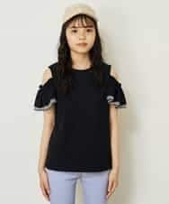 KJKGP09019 a.v.v KIDS(アー・ヴェ・ヴェ) [100-130]袖フリルオフショルダーTシャツ ブラック