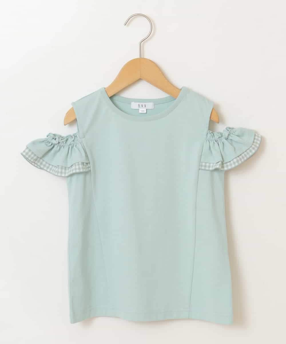 KJKGP09019 a.v.v KIDS(アー・ヴェ・ヴェ) [100-130]袖フリルオフショルダーTシャツ ミント