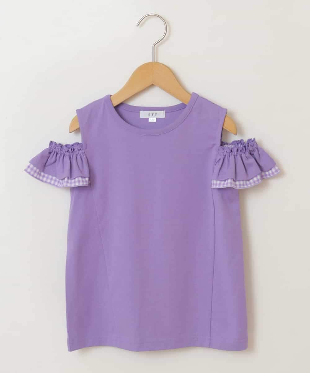 KJKGP09019 a.v.v KIDS(アー・ヴェ・ヴェ) [100-130]袖フリルオフショルダーTシャツ ラベンダー