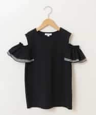 KJKGP09019 a.v.v KIDS(アー・ヴェ・ヴェ) [100-130]袖フリルオフショルダーTシャツ ブラック