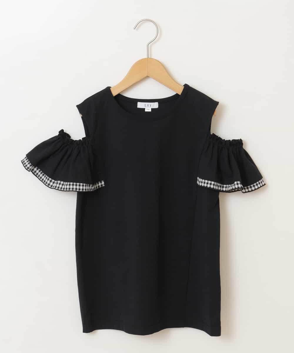 KJKGP09019 a.v.v KIDS(アー・ヴェ・ヴェ) [100-130]袖フリルオフショルダーTシャツ ブラック