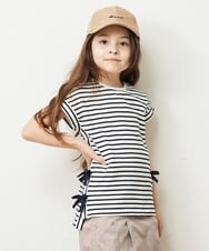 KJKGP11019 a.v.v KIDS(アー・ヴェ・ヴェ) [100-130]【毛玉になりにくい】サイドリボン半袖Tシャツ ネイビーボーダー