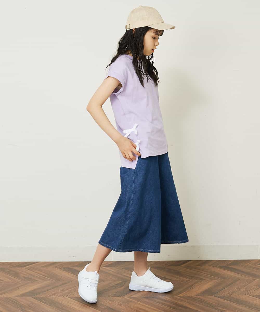 KJKGP11019 a.v.v KIDS(アー・ヴェ・ヴェ) [100-130]【毛玉になりにくい】サイドリボン半袖Tシャツ パープルボーダー