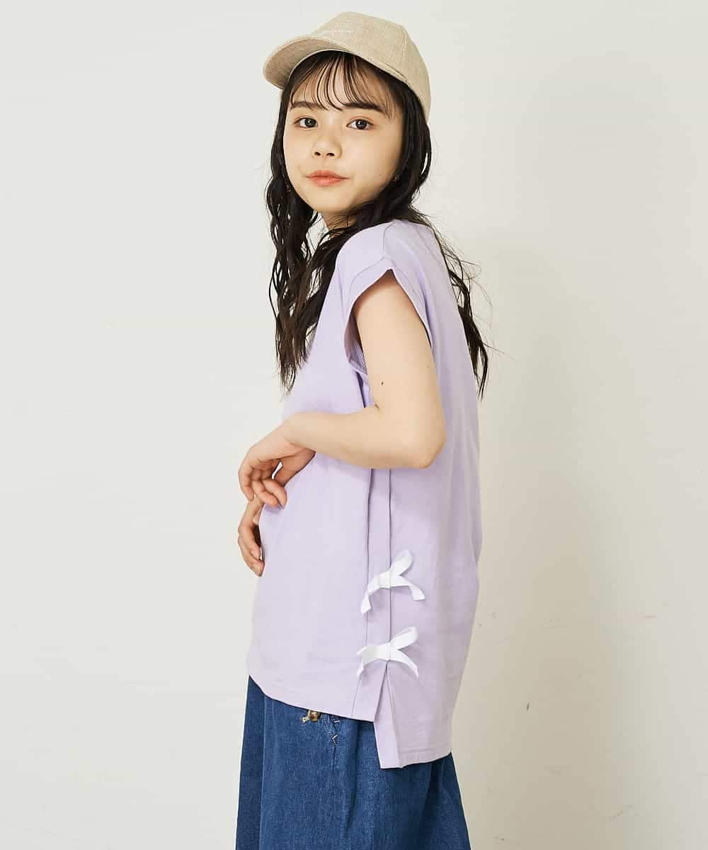 KJKGP11019 a.v.v KIDS(アー・ヴェ・ヴェ) [100-130]【毛玉になりにくい】サイドリボン半袖Tシャツ パープルボーダー