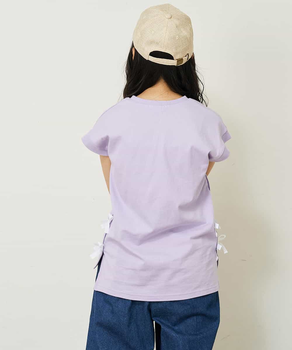 KJKGP11019 a.v.v KIDS(アー・ヴェ・ヴェ) [100-130]【毛玉になりにくい】サイドリボン半袖Tシャツ パープルボーダー