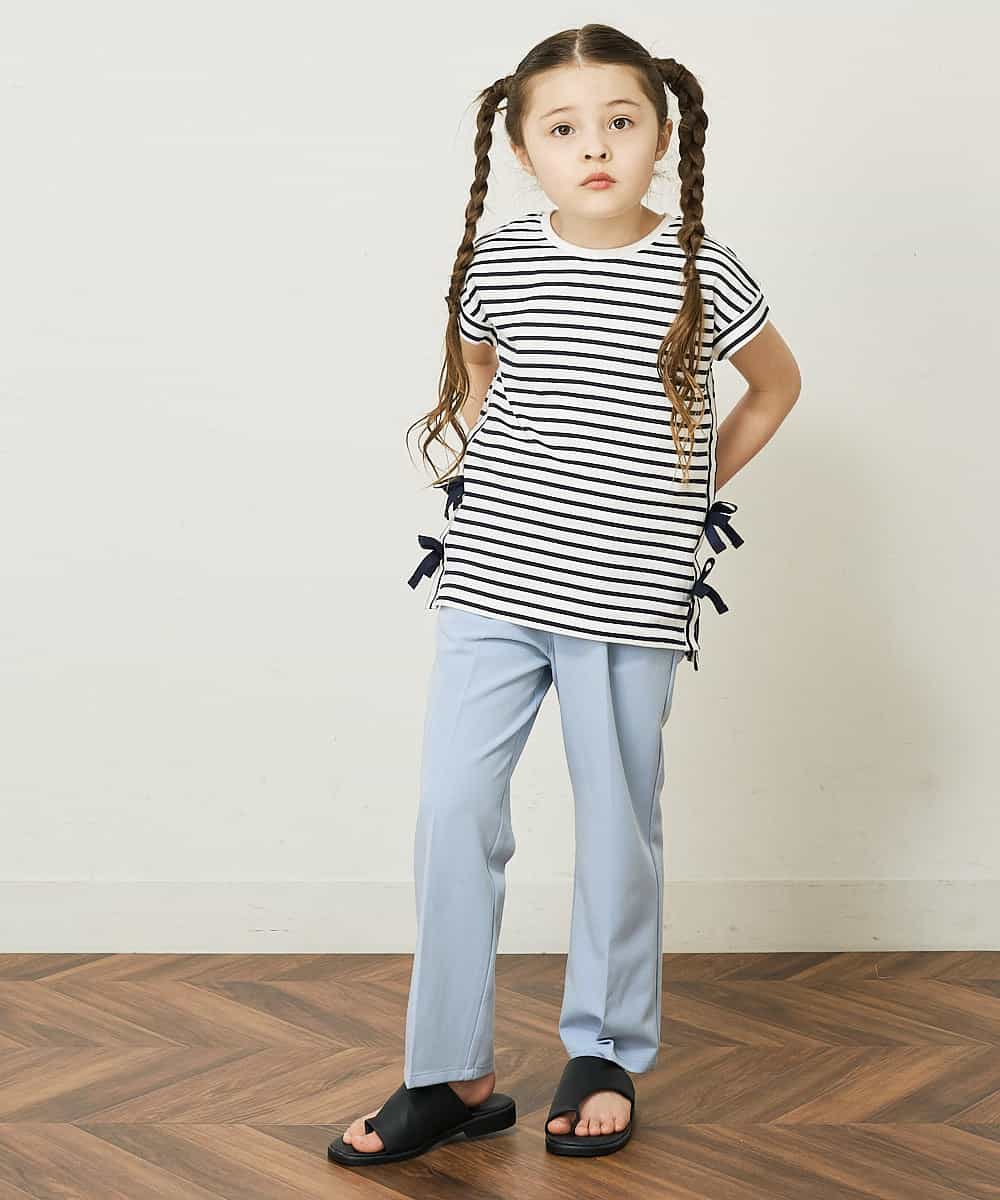 KJKGP11019 a.v.v KIDS(アー・ヴェ・ヴェ) [100-130]【毛玉になりにくい】サイドリボン半袖Tシャツ パープルボーダー