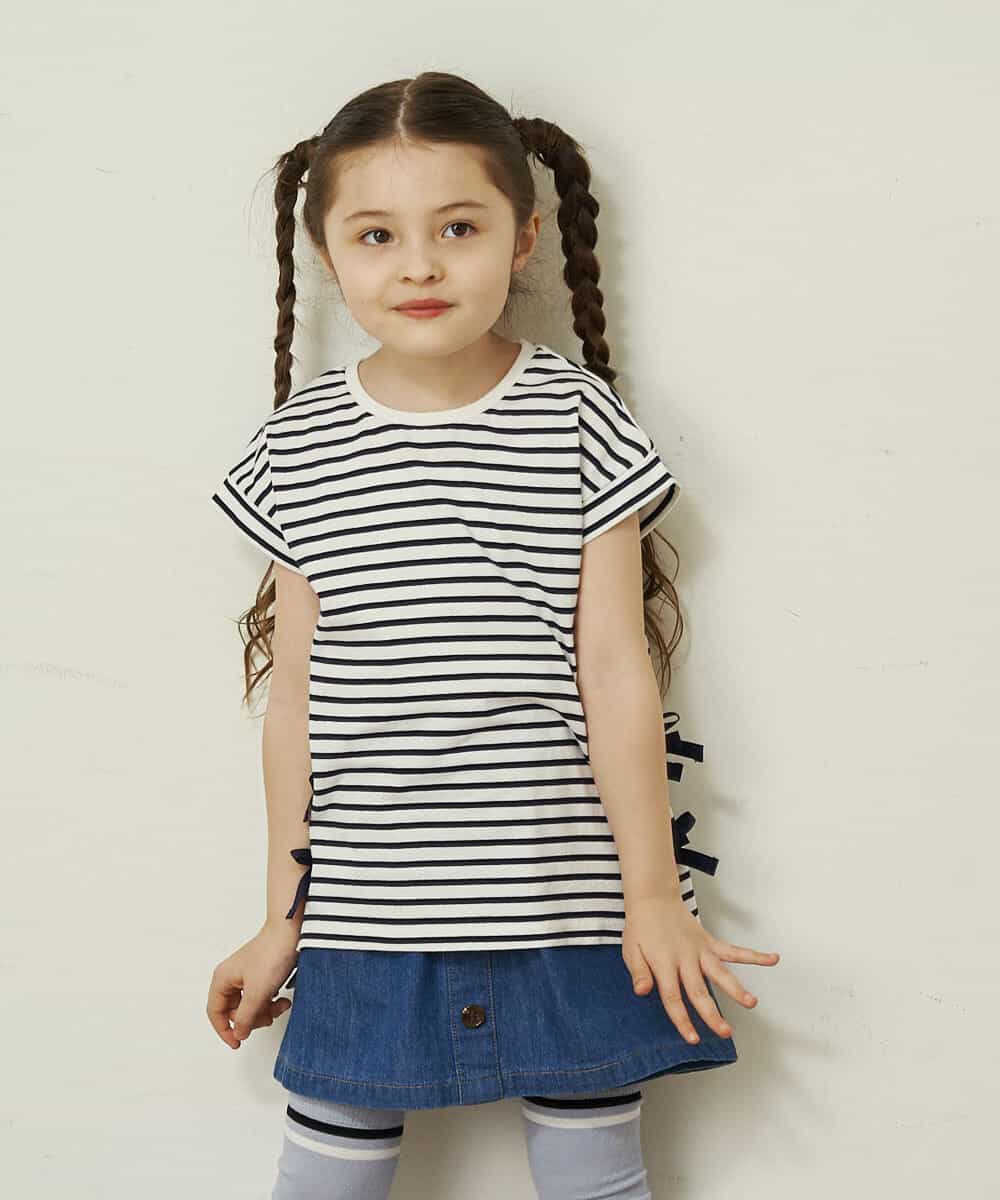 KJKGP11019 a.v.v KIDS(アー・ヴェ・ヴェ) [100-130]【毛玉になりにくい】サイドリボン半袖Tシャツ パープルボーダー