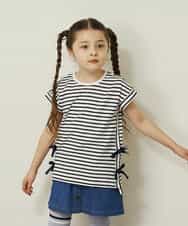 KJKGP11019 a.v.v KIDS(アー・ヴェ・ヴェ) [100-130]【毛玉になりにくい】サイドリボン半袖Tシャツ パープルボーダー