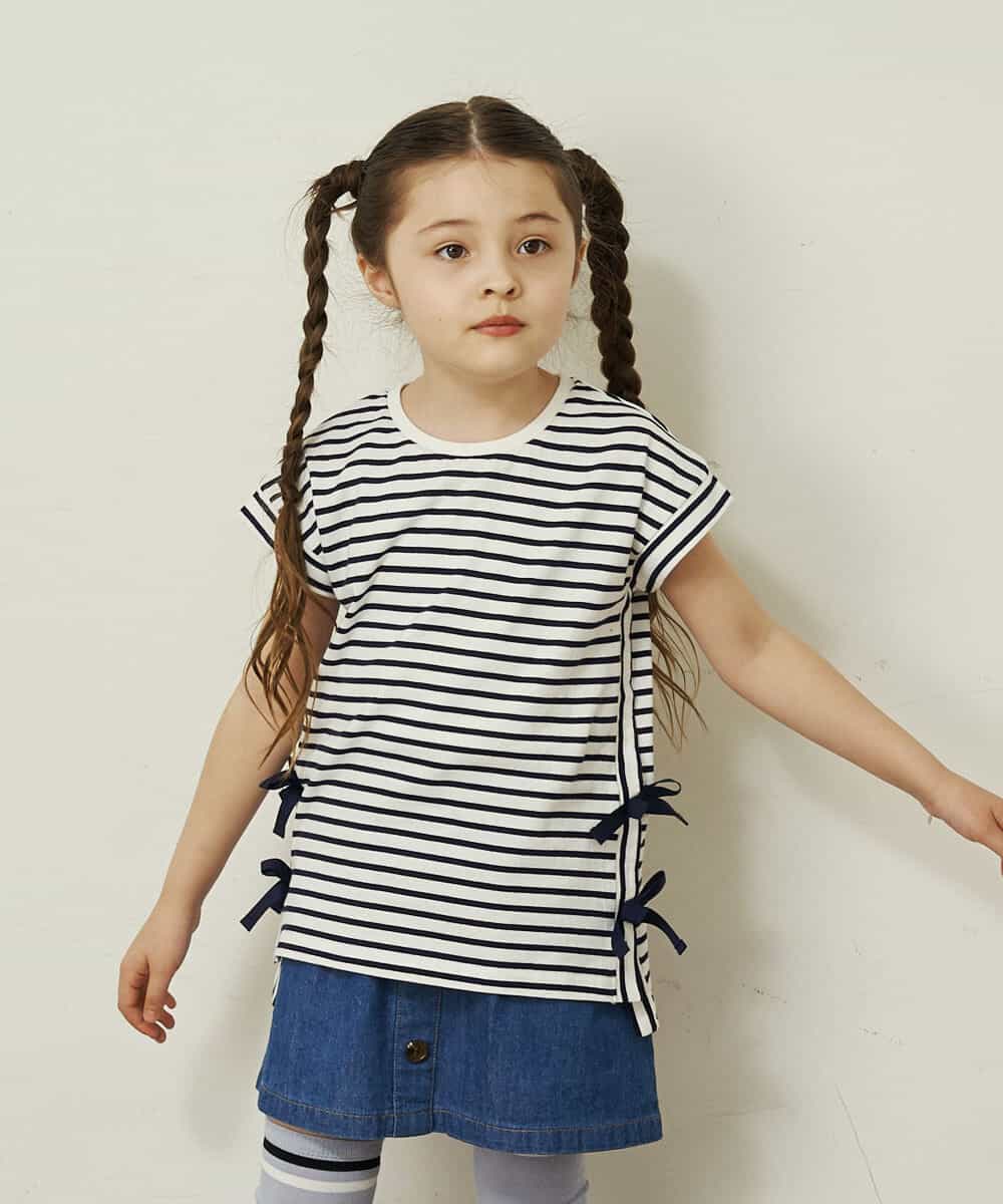 KJKGP11019 a.v.v KIDS(アー・ヴェ・ヴェ) [100-130]【毛玉になりにくい】サイドリボン半袖Tシャツ パープルボーダー