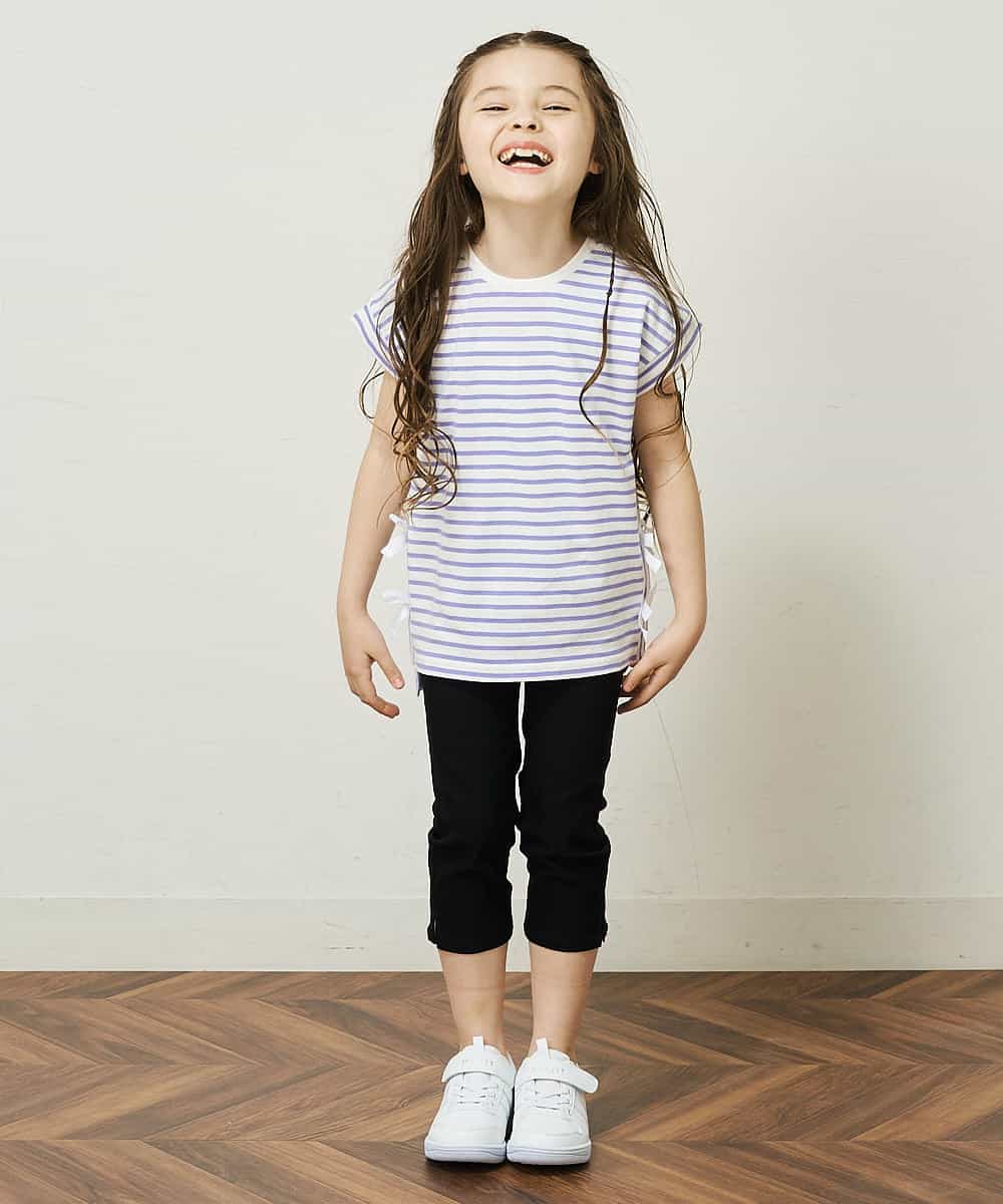 KJKGP11019 a.v.v KIDS(アー・ヴェ・ヴェ) [100-130]【毛玉になりにくい】サイドリボン半袖Tシャツ パープルボーダー
