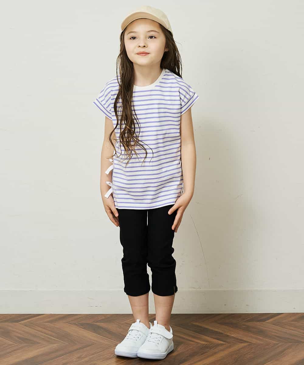 KJKGP11019 a.v.v KIDS(アー・ヴェ・ヴェ) [100-130]【毛玉になりにくい】サイドリボン半袖Tシャツ パープルボーダー