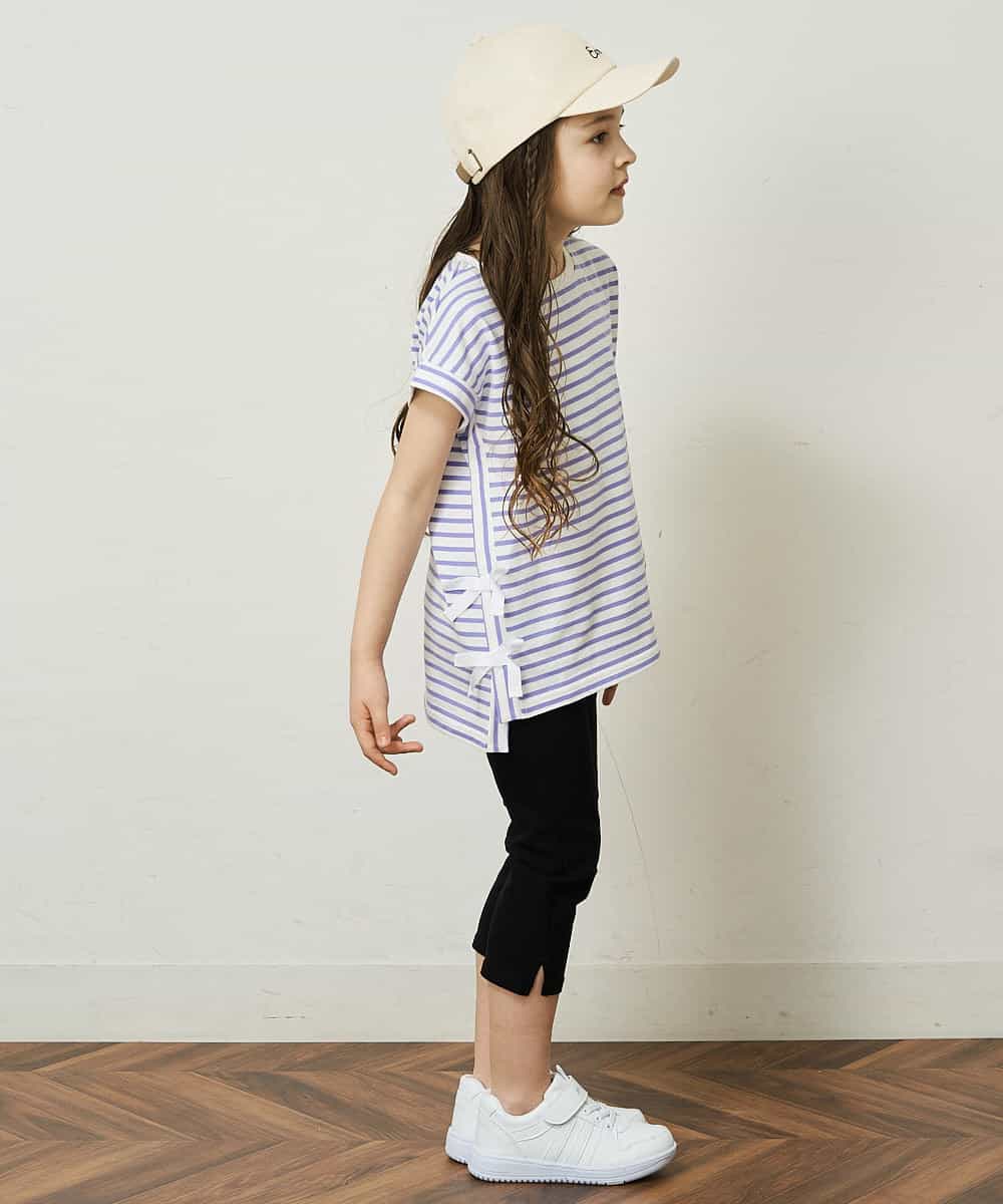 KJKGP11019 a.v.v KIDS(アー・ヴェ・ヴェ) [100-130]【毛玉になりにくい】サイドリボン半袖Tシャツ パープルボーダー