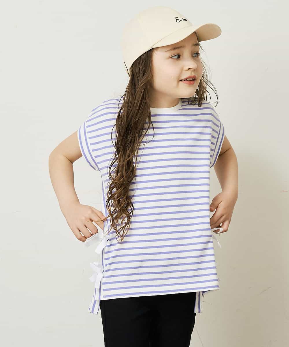 KJKGP11019 a.v.v KIDS(アー・ヴェ・ヴェ) [100-130]【毛玉になりにくい】サイドリボン半袖Tシャツ パープルボーダー
