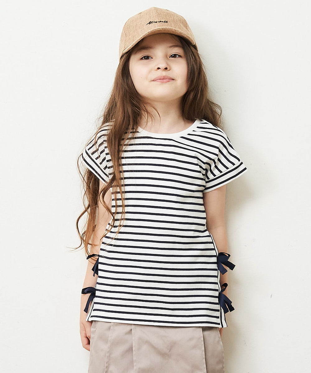 KJKGP11019 a.v.v KIDS(アー・ヴェ・ヴェ) [100-130]【毛玉になりにくい】サイドリボン半袖Tシャツ パープルボーダー
