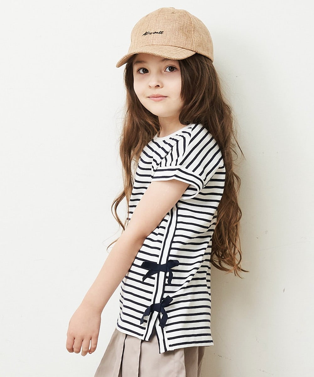 KJKGP11019 a.v.v KIDS(アー・ヴェ・ヴェ) [100-130]【毛玉になりにくい】サイドリボン半袖Tシャツ パープルボーダー