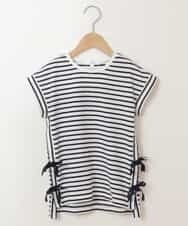 KJKGP11019 a.v.v KIDS(アー・ヴェ・ヴェ) [100-130]【毛玉になりにくい】サイドリボン半袖Tシャツ ネイビーボーダー