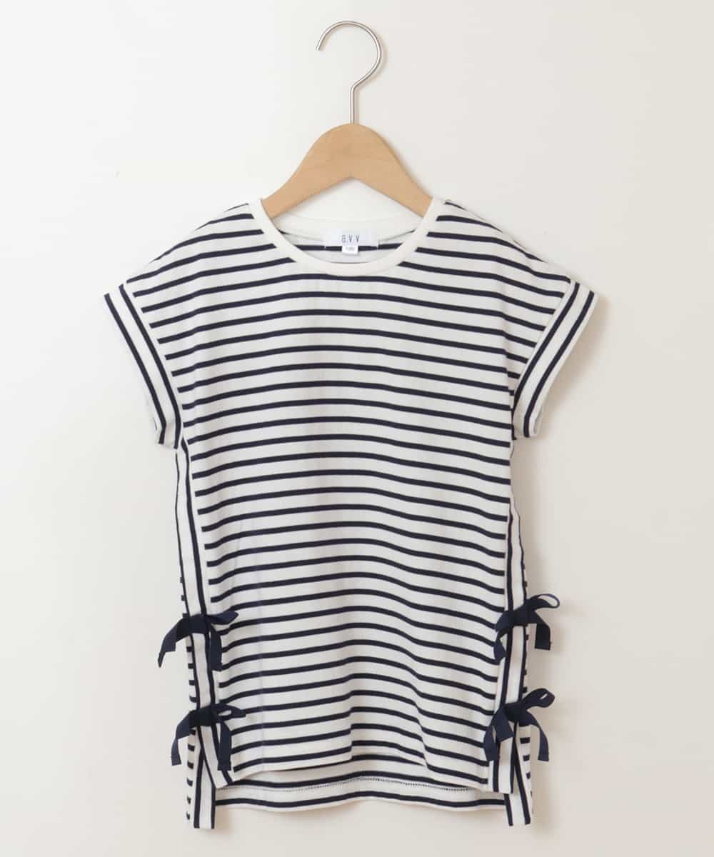 KJKGP11019 a.v.v KIDS(アー・ヴェ・ヴェ) [100-130]【毛玉になりにくい】サイドリボン半袖Tシャツ ネイビーボーダー