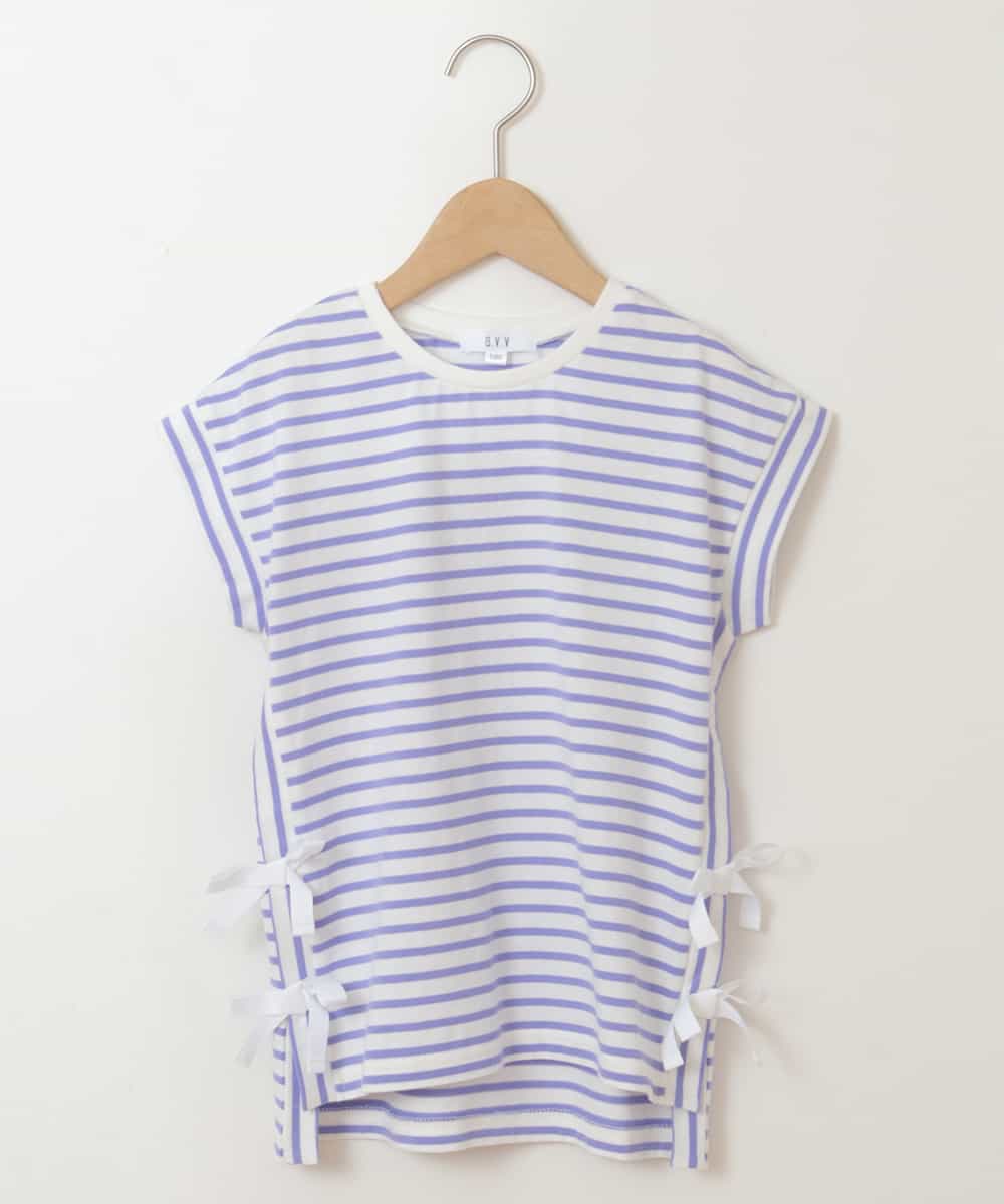 KJKGP11019 a.v.v KIDS(アー・ヴェ・ヴェ) [100-130]【毛玉になりにくい】サイドリボン半袖Tシャツ パープルボーダー