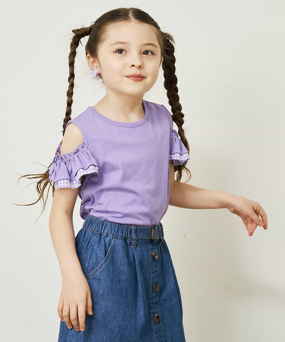 KJKGQ09024 a.v.v KIDS(アー・ヴェ・ヴェ) [140-150]袖フリルオフショルダーTシャツ ミント