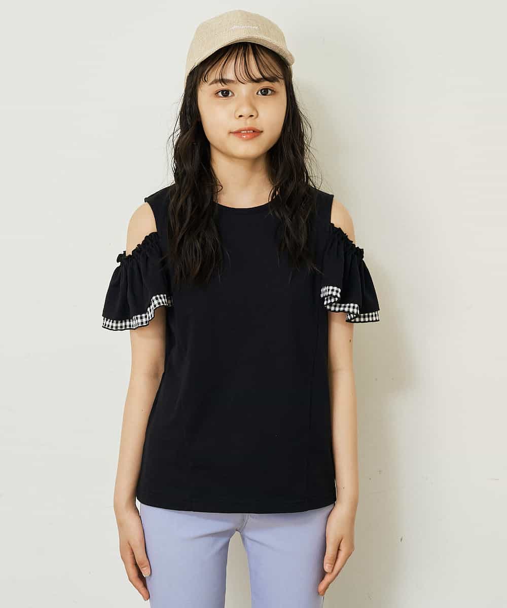 KJKGQ09024 a.v.v KIDS(アー・ヴェ・ヴェ) [140-150]袖フリルオフショルダーTシャツ ミント