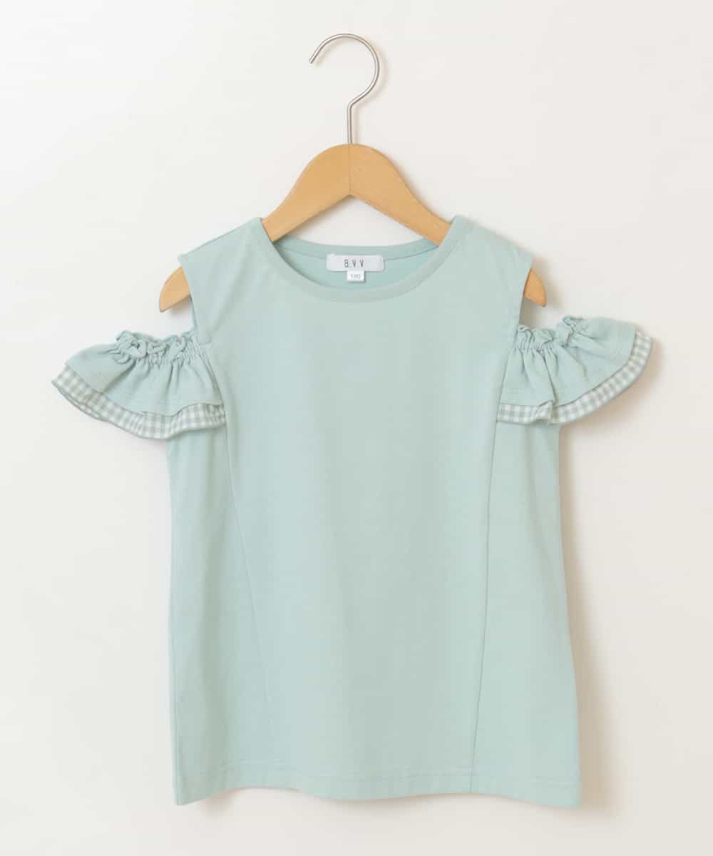 KJKGQ09024 a.v.v KIDS(アー・ヴェ・ヴェ) [140-150]袖フリルオフショルダーTシャツ ミント