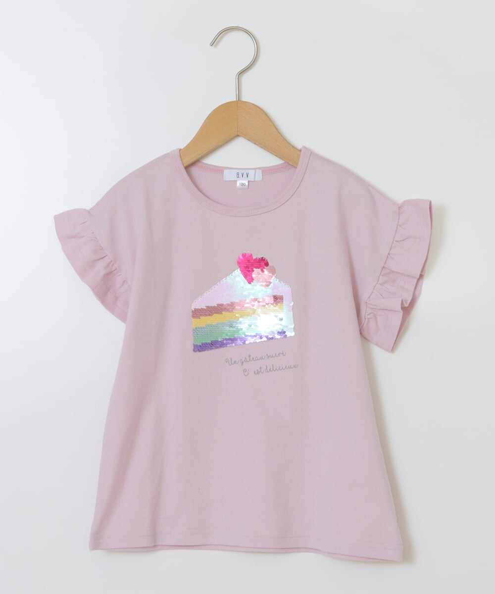 KJKGS03019 a.v.v KIDS(アー・ヴェ・ヴェ) [100-130]フリルスリーブスパンコールＴシャツ ピンク