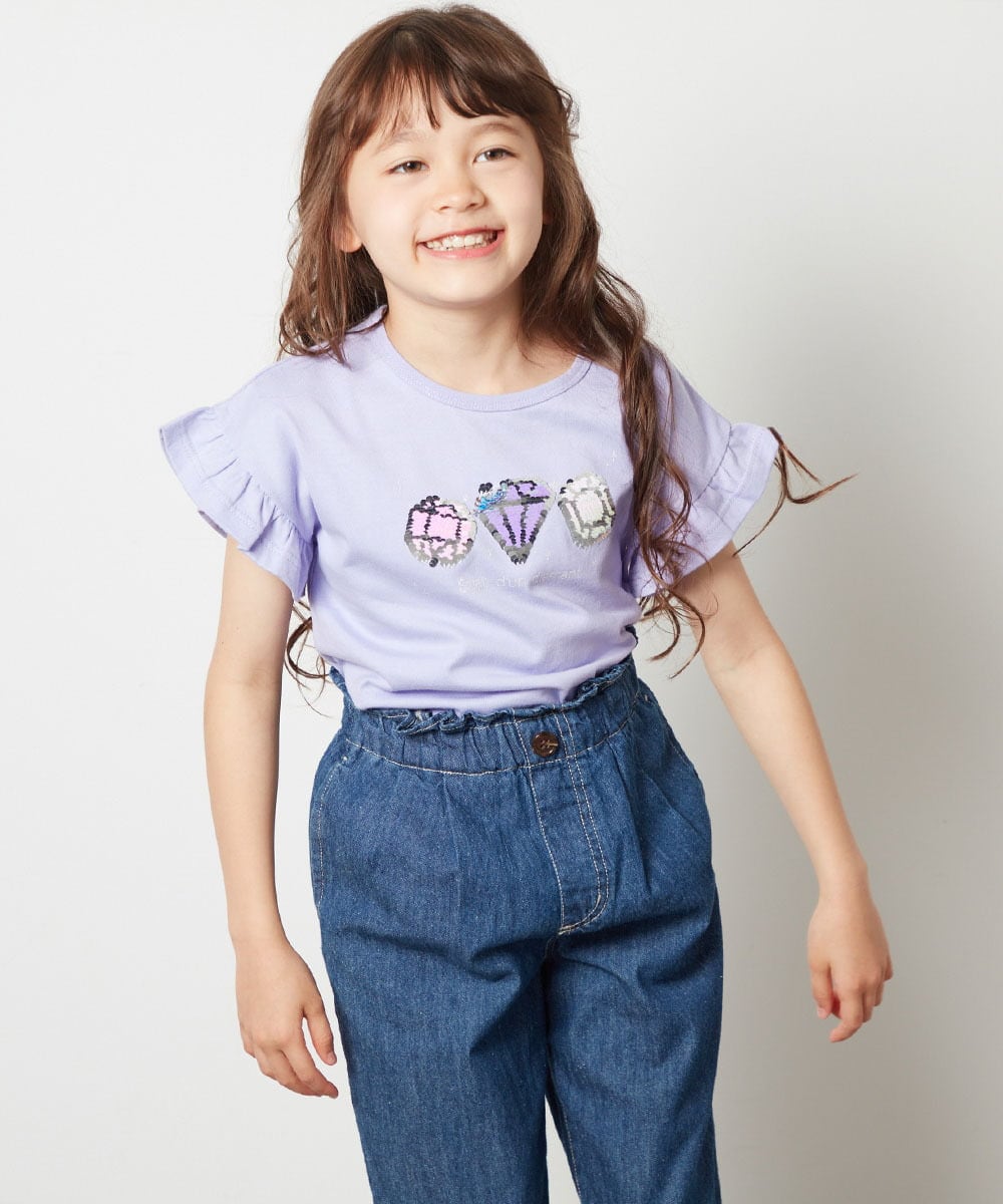 KJKGS14019 a.v.v KIDS(アー・ヴェ・ヴェ) [100-130]袖フリルスパンコールＴシャツ ラベンダー