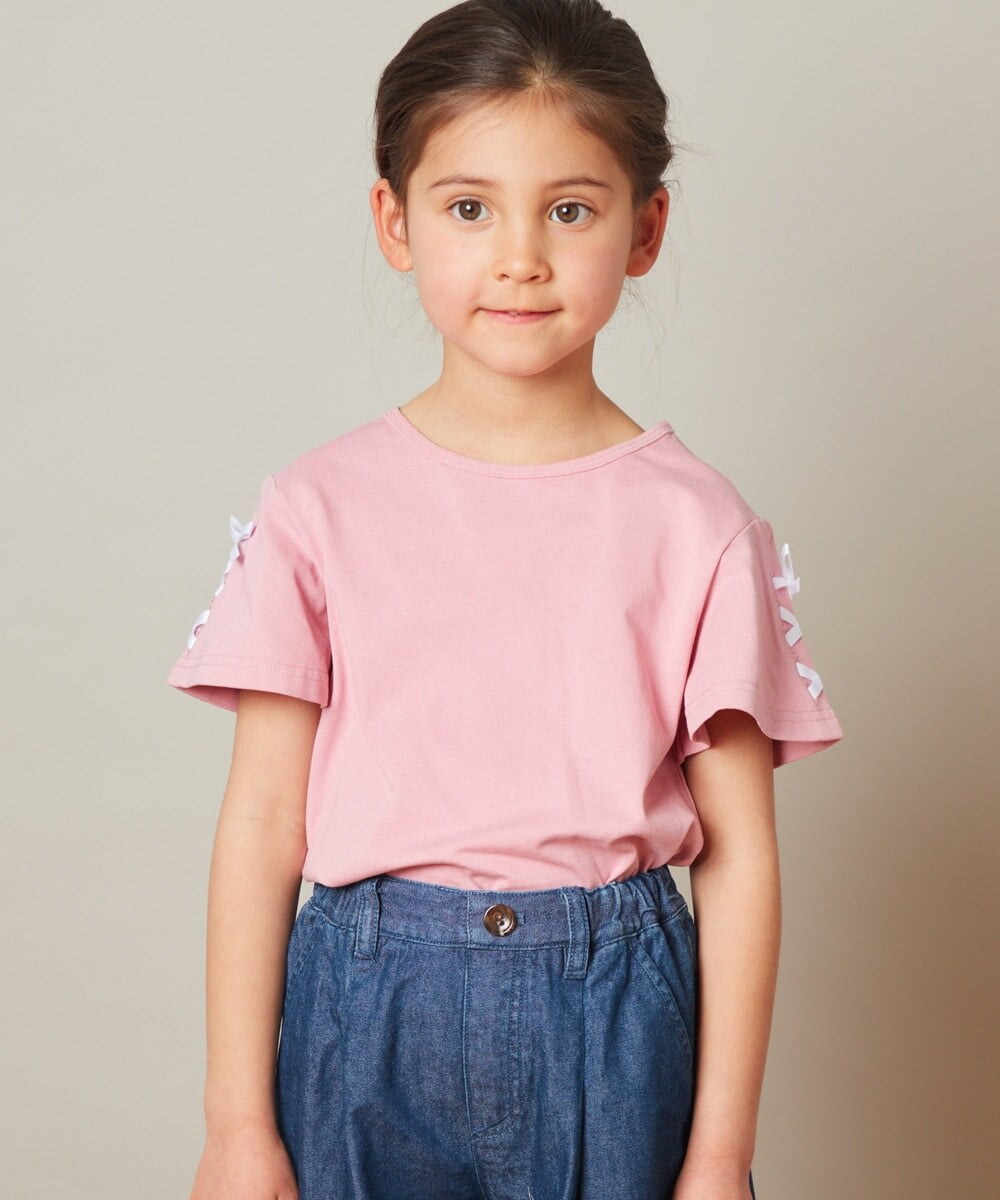 KJKGT02019 a.v.v KIDS(アー・ヴェ・ヴェ) [140-150]レースアップリボンスリーブＴシャツ ピンク