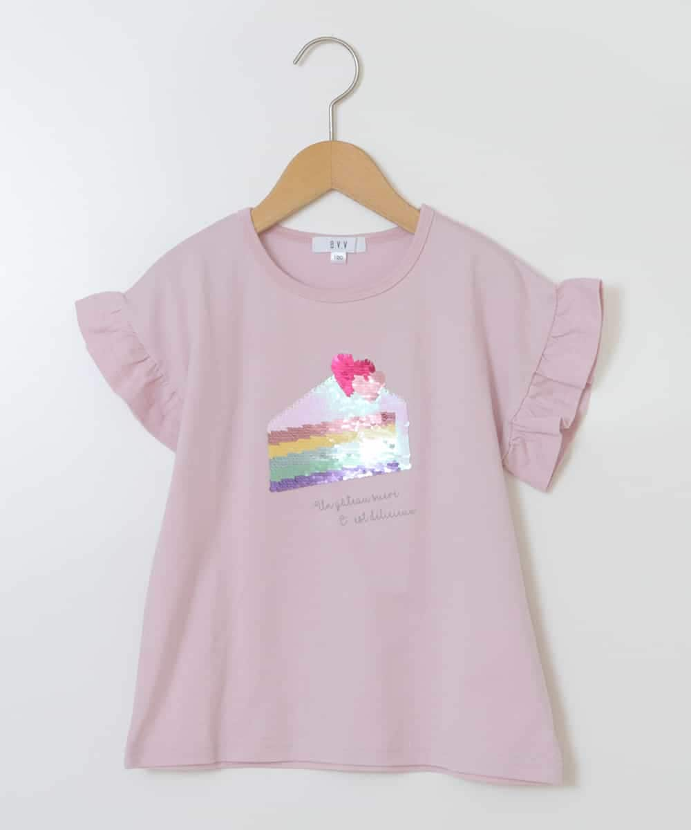 KJKGT03024 a.v.v KIDS(アー・ヴェ・ヴェ) [140-150]フリルスリーブスパンコールＴシャツ ピンク