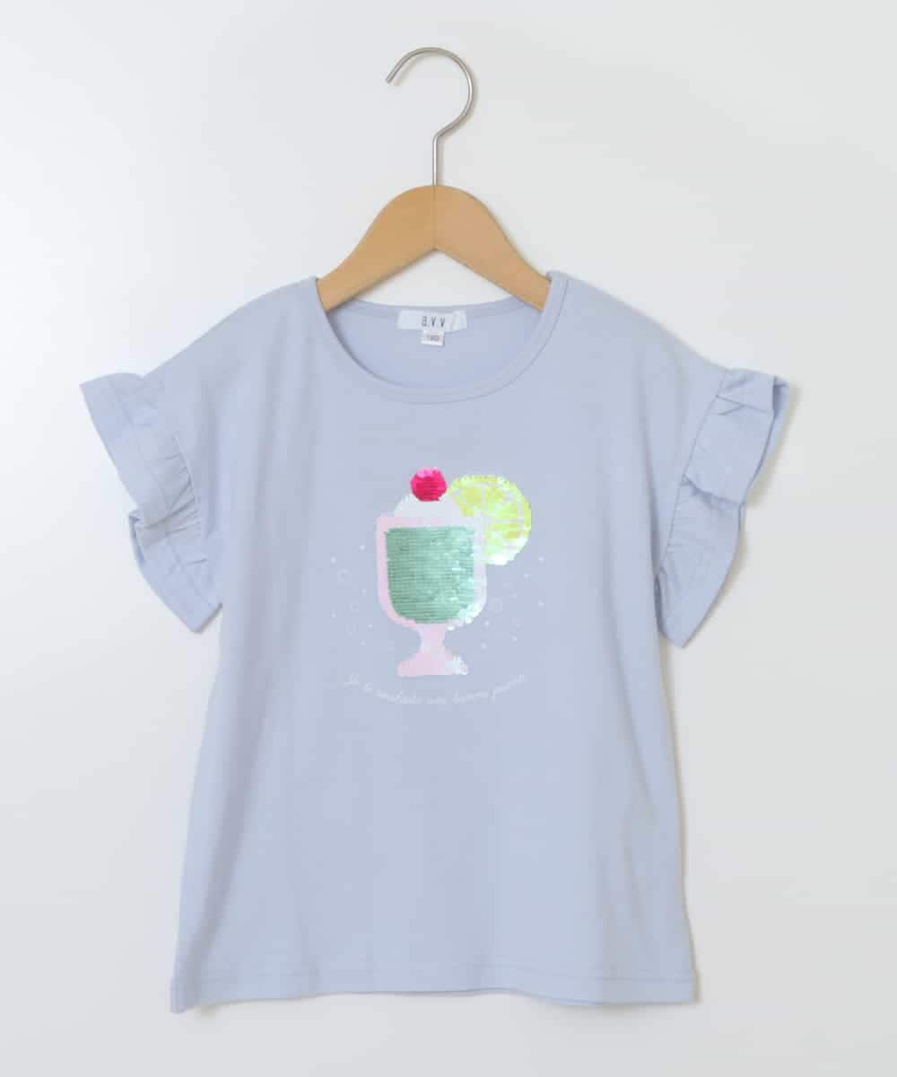 KJKGT03024 a.v.v KIDS(アー・ヴェ・ヴェ) [140-150]フリルスリーブスパンコールＴシャツ ライトブルー