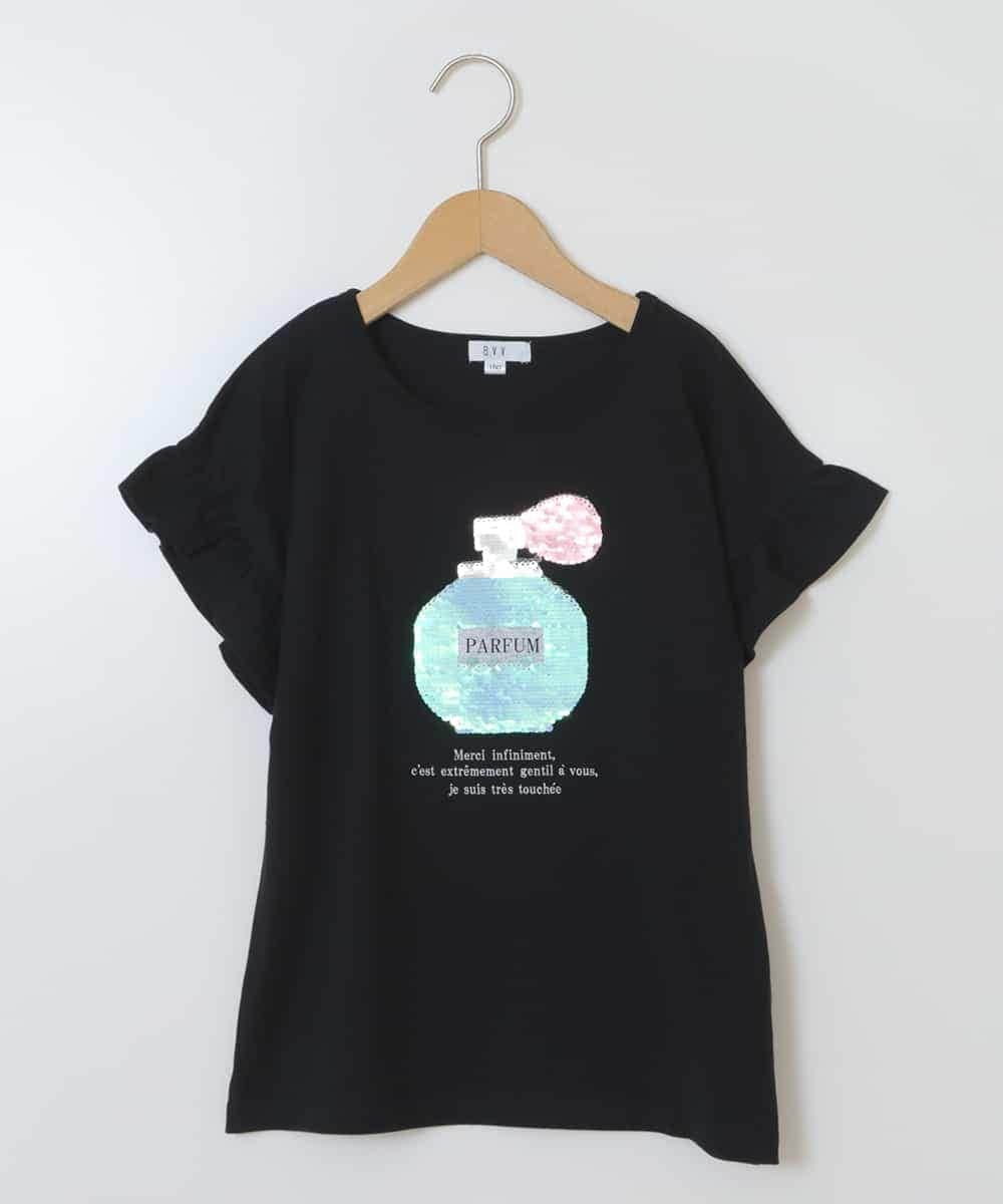 KJKGT03024 a.v.v KIDS(アー・ヴェ・ヴェ) [140-150]フリルスリーブスパンコールＴシャツ ブラック