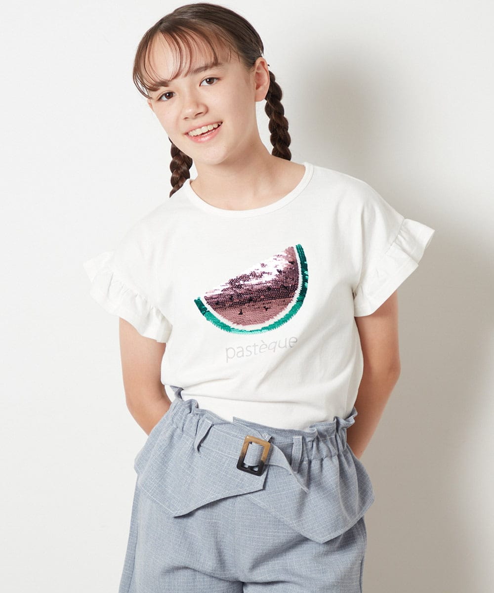 KJKGT14024 a.v.v KIDS(アー・ヴェ・ヴェ) [140-150]袖フリルスパンコールＴシャツ ホワイト