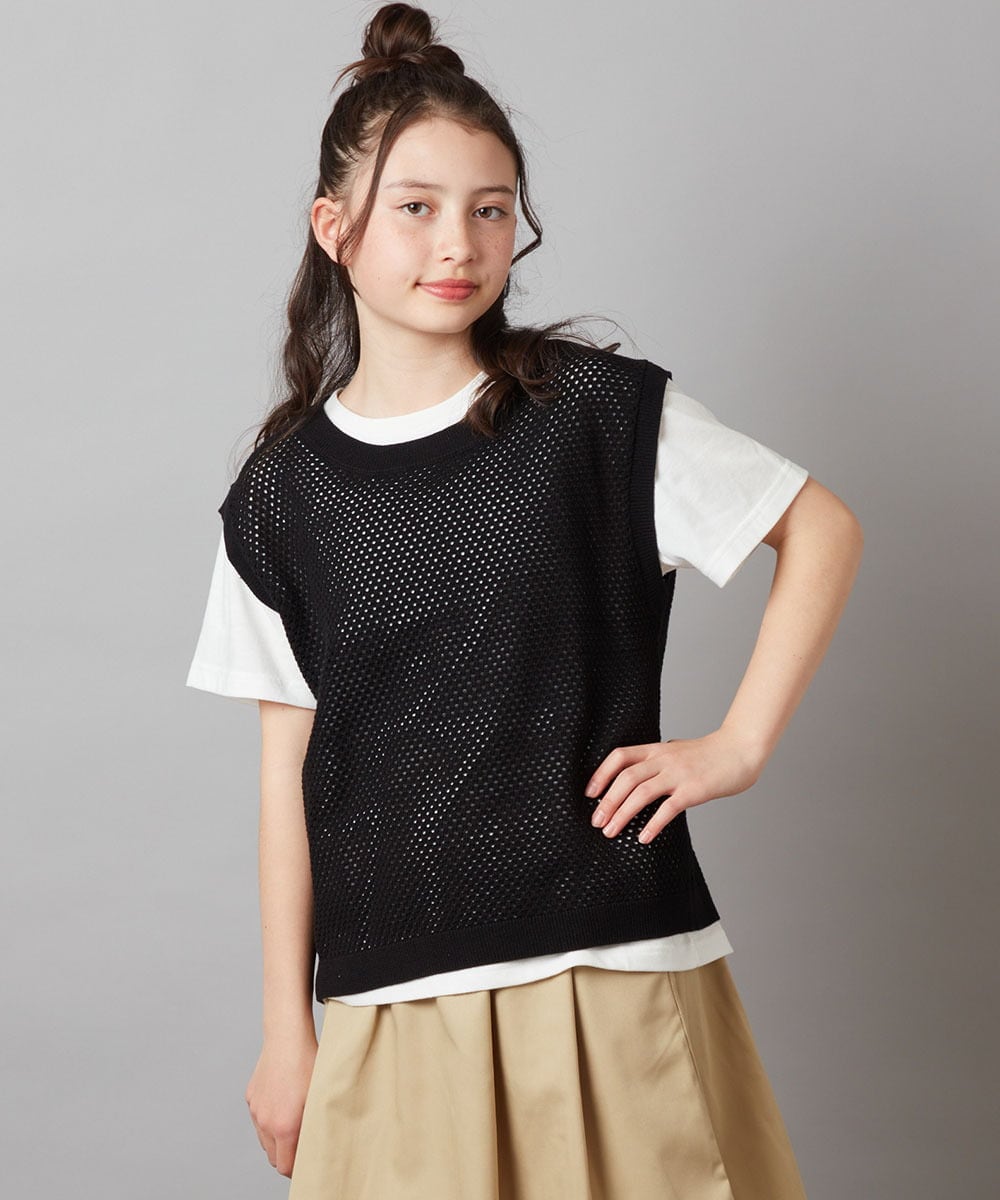 KJKGV01039 a.v.v KIDS(アー・ヴェ・ヴェ) [100-130]【2点セット】メッシュ編みニットベストセット ホワイト