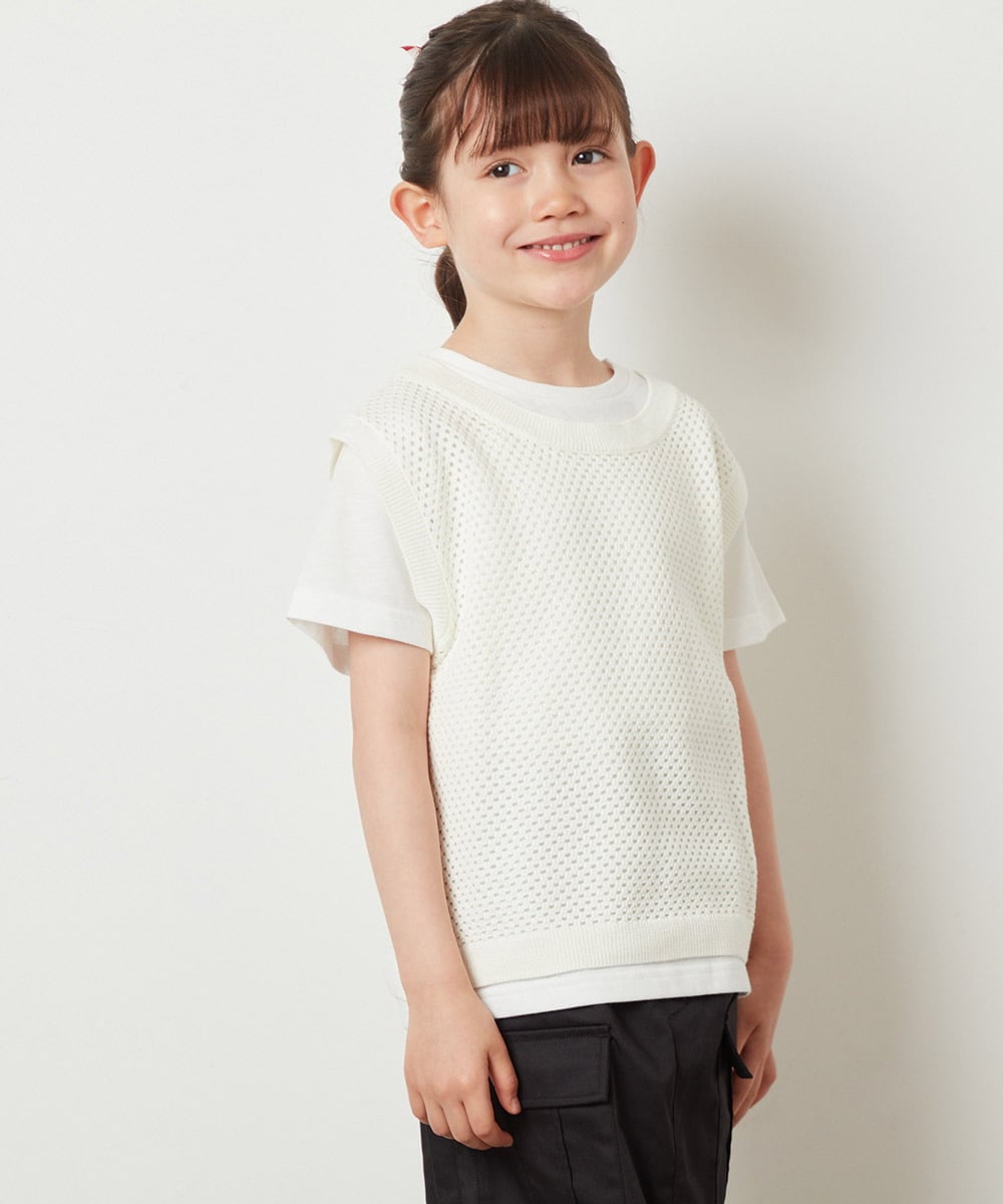 KJKGV01039 a.v.v KIDS(アー・ヴェ・ヴェ) [100-130]【2点セット】メッシュ編みニットベストセット ホワイト