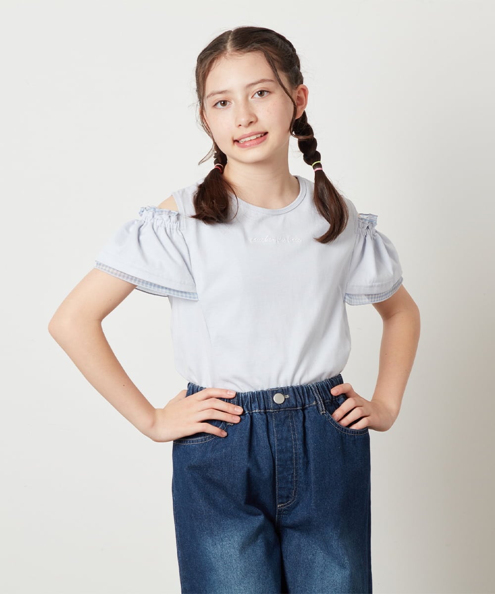 KJKGV04019 a.v.v KIDS(アー・ヴェ・ヴェ) [100-130]オフショルフリルスリーブカットソー ピンク
