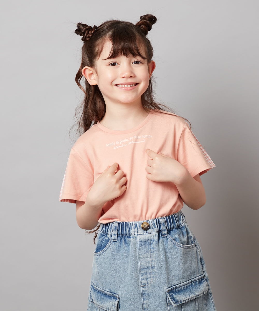 KJKGV08012 a.v.v KIDS(アー・ヴェ・ヴェ) [100-130]ギンガムスリーブﾞTシャツ オレンジ