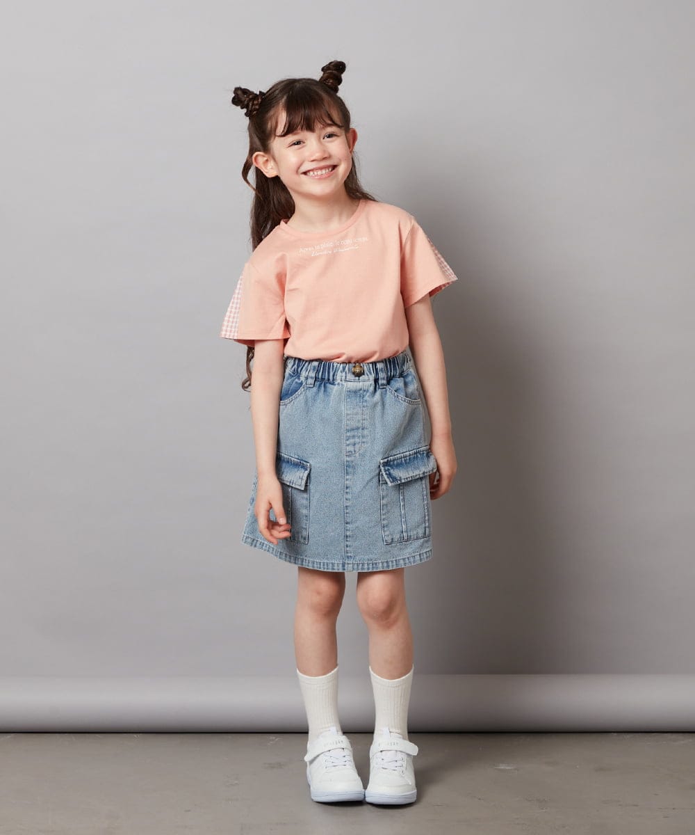 KJKGV08012 a.v.v KIDS(アー・ヴェ・ヴェ) [100-130]ギンガムスリーブﾞTシャツ オレンジ