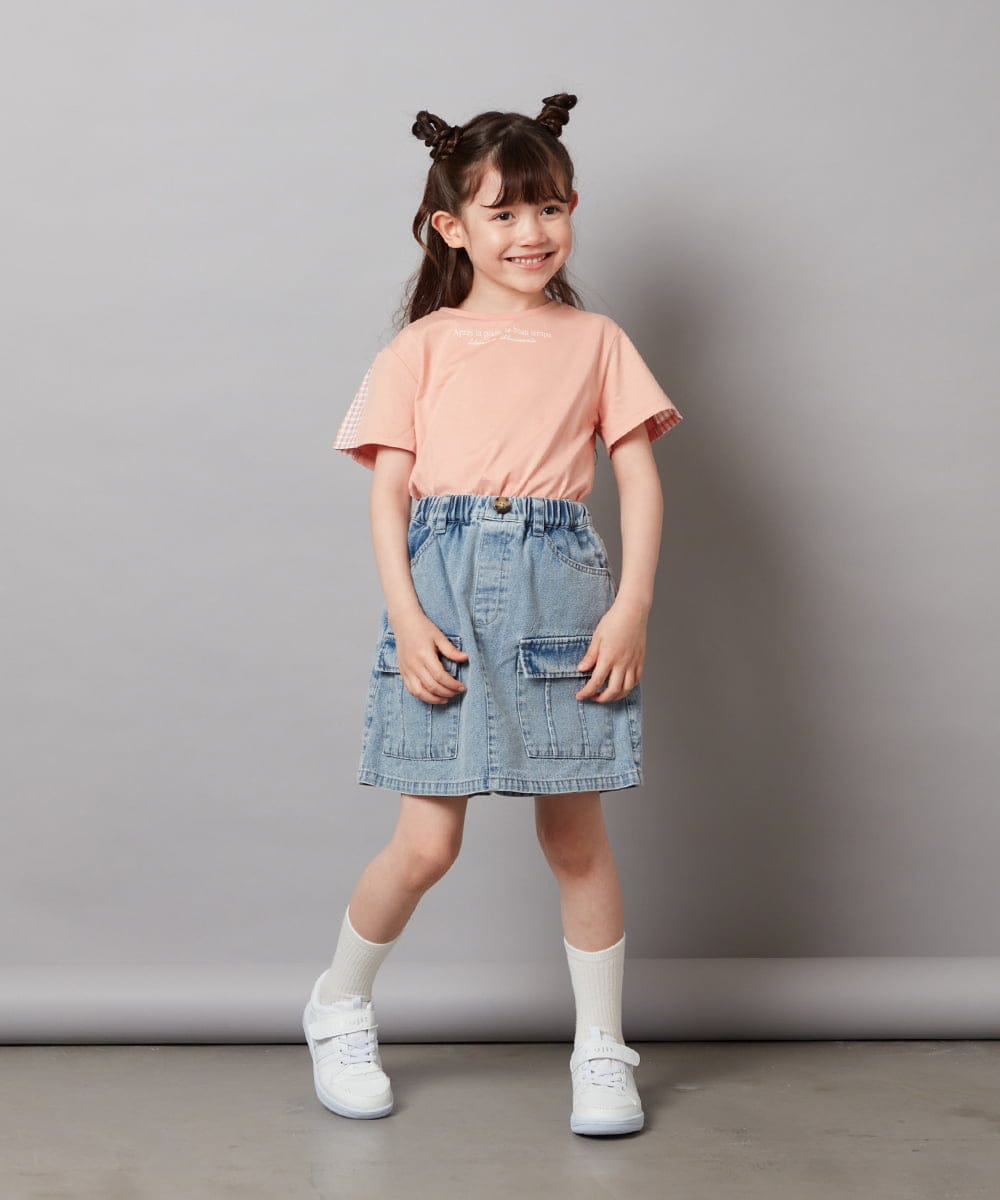 KJKGV08012 a.v.v KIDS(アー・ヴェ・ヴェ) [100-130]ギンガムスリーブﾞTシャツ オレンジ