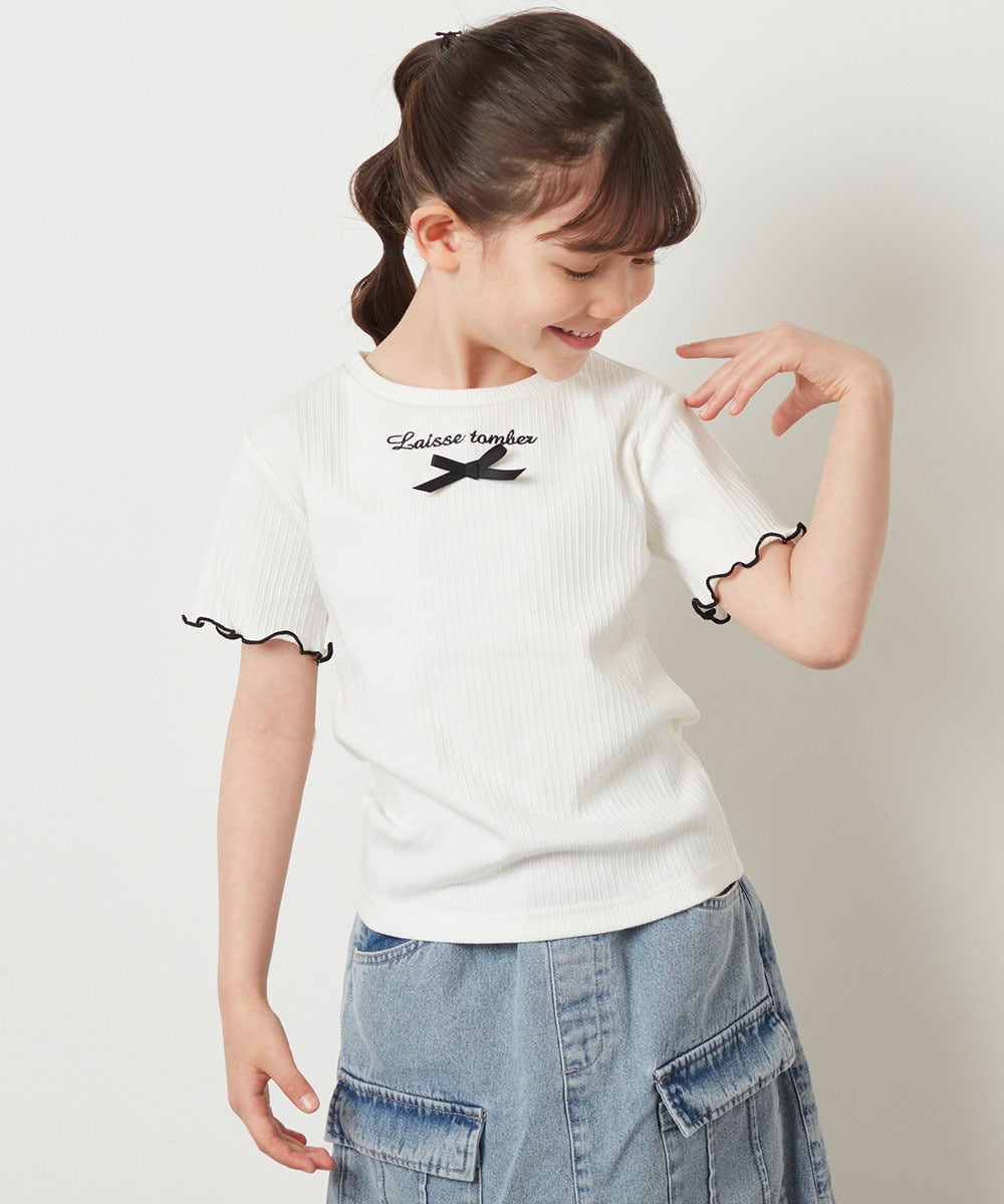 KJKGV12029 a.v.v KIDS(アー・ヴェ・ヴェ) [100-130]ロゴ刺繍入りプチリボンカットソー ホワイト